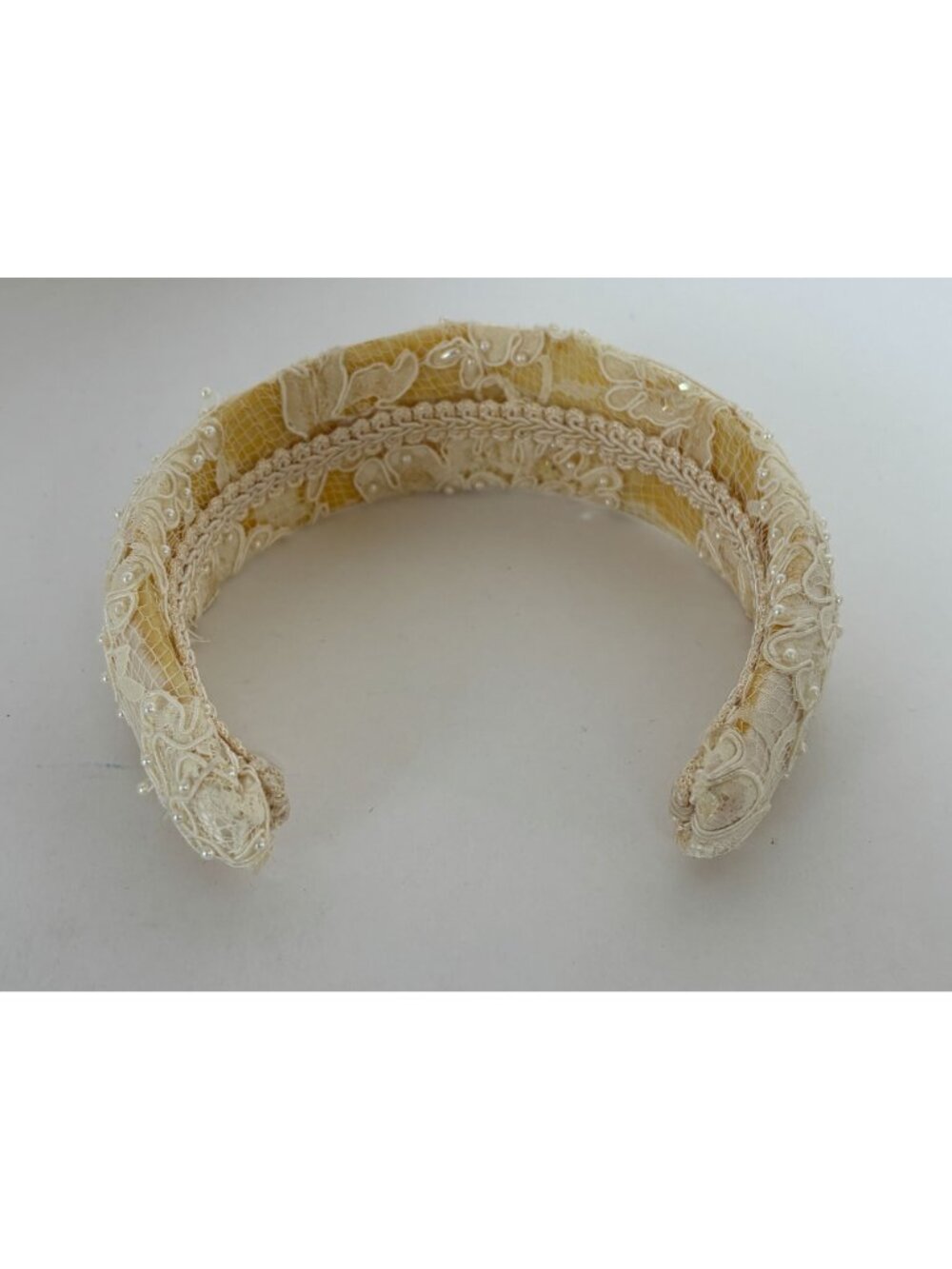 Ivory Lace Pearl Beaded Headband Bridal Wide Padded Wedding Vintage Bride - Picture 4 of 12